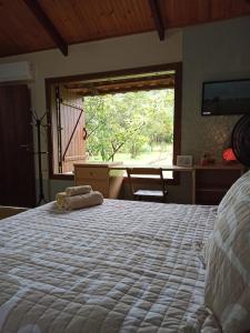 um quarto com uma cama grande e uma janela grande em Chalés Pássaros do Cerrado em Cavalcante