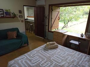 a bedroom with a bed and a desk and a window at Chalés Pássaros do Cerrado in Cavalcante