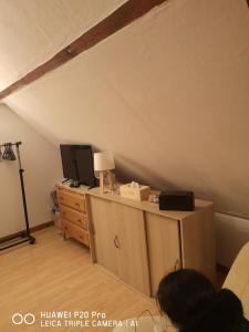 ein Wohnzimmer mit einem TV und einer Kommode mit einem TV in der Unterkunft Studio entier in Sens