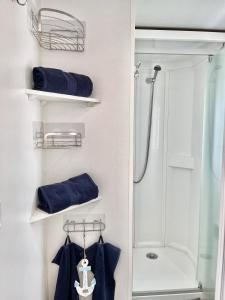 y baño con ducha y toallas azules. en Mobil Home Abricotiers 1 en Valras-Plage