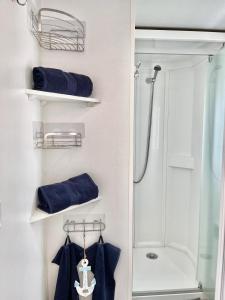 a bathroom with a shower and blue towels at Mobil Home Abricotiers 1 in Valras-Plage +4 photos
