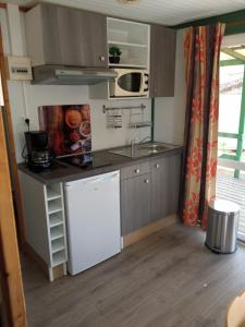 een kleine keuken met een wastafel en een magnetron bij Les Chalets d'Argentouleau in Sarlat-la-Canéda