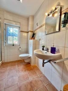 een badkamer met een wastafel, een toilet en een spiegel bij JS Feriendomizile: Fewo Hirschwechsel in Wernigerode