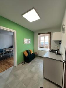 eine Küche und ein Wohnzimmer mit grünen Wänden und einem Sofa in der Unterkunft STARA KAMIENICA in Reszel