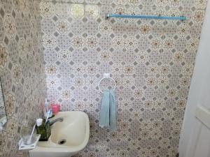 a bathroom with a sink and a tiled wall at Tim's & Mag's Home Stay in Roseau