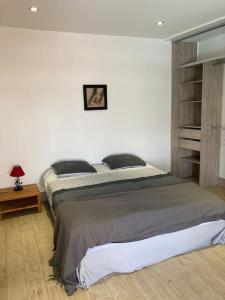 a bedroom with two beds and a table with a lamp at Villa Fusains in Baie-Mahault