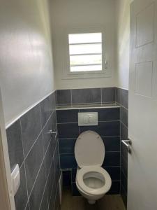 Elle comprend une petite salle de bains pourvue de toilettes et d'une fenêtre. dans l'établissement Villa Fusains, à Baie-Mahault