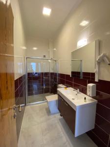 a bathroom with a shower and a sink and a toilet at Galata Moon Hotel in Istanbul