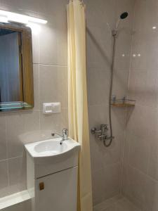 a bathroom with a sink and a shower with a shower curtain at Centra dzīvoklis in Jelgava