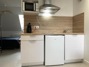 a kitchen with white cabinets and a counter with a microwave at L appart d Helene, Rodez Hyper Centre in Rodez