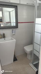 a bathroom with a sink and a toilet and a mirror at Chalet de la playa in Oropesa del Mar