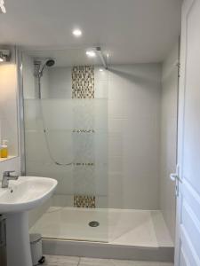 La salle de bains est pourvue d'une douche et d'un lavabo. dans l'établissement La petite campagne, à Blaru