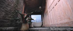 JANE’S HOUSE & SPA BEDUGUL BALI في Patjung: خزاف نبات يجلس في نافذة مبنى