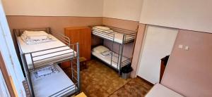 a small room with two bunk beds and a refrigerator at Schronisko Młodzieżowe PTSM Matecznik in Przemyśl