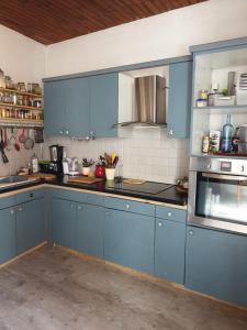 a large kitchen with blue cabinets and appliances at La Demeure in Gabarret