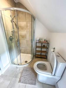 uma casa de banho branca com um chuveiro e um WC. em Sneem Farmhouse em Sneem