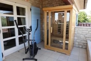un gimnasio con puerta de cristal y equipamiento de ejercicio en un patio en Villa Emma Smoljanci 76, en Svetvinčenat