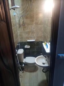 a small bathroom with a toilet and a sink at Fantastic three pyramids view in Cairo