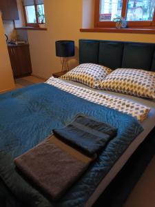 łóżko z niebieskim kocem i poduszkami w obiekcie Noclegi Andersa w Wałbrzychu