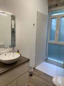 a bathroom with a sink and a shower at Reginita Apartamentos in Arbo