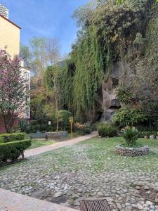 a garden with a stone wall and a walk way at Hermoso Descanso en Coyoacán in Mexico City