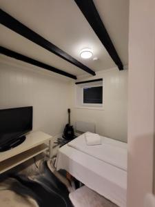SweetCabinLeknes في ليكنيز: غرفة صغيرة بها سرير وتلفزيون
