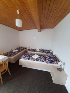 2 camas individuais num quarto com tecto em madeira em Ubytování Hilšer em Potštát