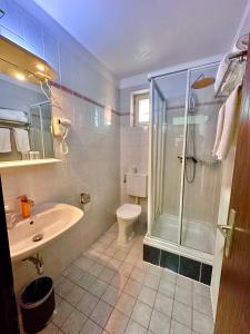 a bathroom with a shower and a sink and a toilet at Hotel Austria Self Checkin in Gablitz