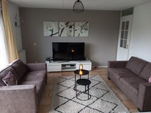 a living room with two couches and a tv at Waterhuis Friesland in Oudwoude
