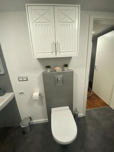 a bathroom with a white toilet and a sink at Gästehaus Brunswiek Studio in Vordorf