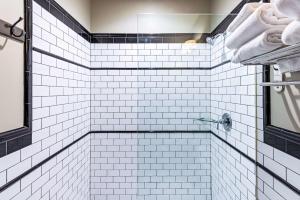 a white tiled shower with black and white tiles at Hip Urban Loft - Small Town Charm -124 LOFTS #3 in West Dundee