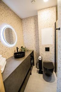 a bathroom with a sink and a toilet and a mirror at Express Premium apartments - city center in Tartu