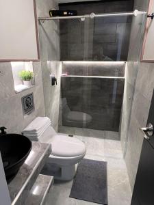 a bathroom with a toilet and a glass shower at Aerosuites in Bogotá