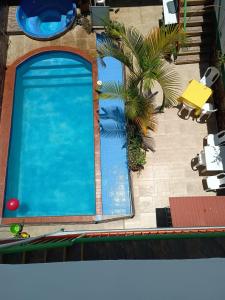 uma vista superior de uma piscina com uma palmeira em Tesoro Andino em La Tebaida