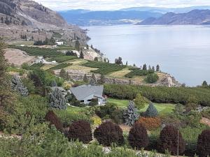 a house on a hill next to a body of water at Grumpy's Suite by the Lake in Summerland
