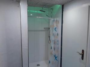 een badkamer met een douche en een glazen deur bij FeWo-Rantafutt in Olsberg