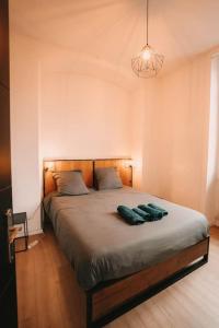 a bedroom with a bed with two pillows on it at Ultimate Comfort ! Jacuzzi & Sauna. in Besançon