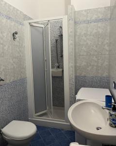 y baño con ducha, aseo y lavamanos. en La Rizzaia casa indipendente, en Trapani
