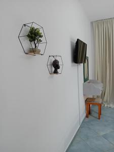 a room with two plants on the wall and a tv at spyridoula studio in Paleokastritsa