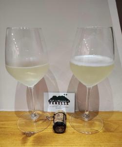 two glasses of white wine sitting on a table at La Mansarda di Terelle in Terelle +11 photos