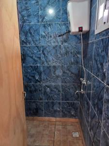 uma casa de banho com um chuveiro de azulejos azuis e um WC. em Departamento en Paraná em Paraná