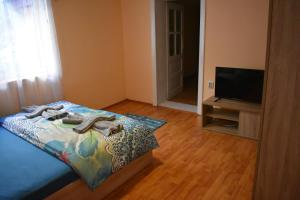 a bedroom with a bed and a flat screen tv at Casa La Bunica in Orşova