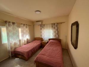 a bedroom with two beds and a mirror at Al Karak House in Kerak