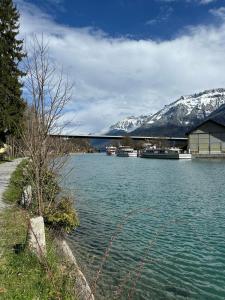 a view of a lake with boats in the water at Brienz Strasse in Interlaken