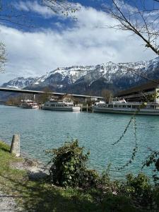 two boats are docked on a lake with snow covered mountains at Brienz Strasse in Interlaken