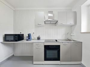 cocina blanca con fregadero y microondas en Appartement 2 chambres aux pieds des Vosges, en Abreschviller