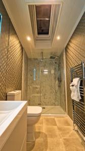a bathroom with a shower and a toilet and a sink at Hotchkin Lodge in Woodhall Spa