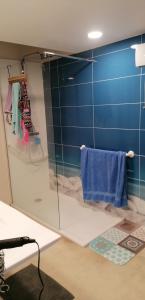 a bathroom with a glass shower with blue walls at Grande maison au charme chaleureux hiver comme été in La Bourboule