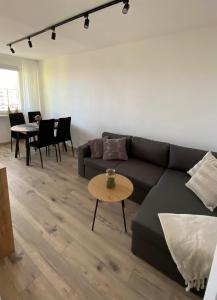een woonkamer met een bank en een tafel bij Apartament Kasia in Wałbrzych