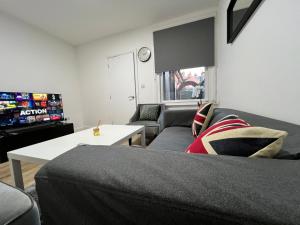 a living room with a couch and a tv at Stunning 3 BED 2BATH house w/parking in Reading